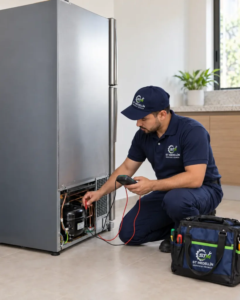 Técnico de ST Medellín revisando el compresor de una nevera durante un servicio de reparación a domicilio.